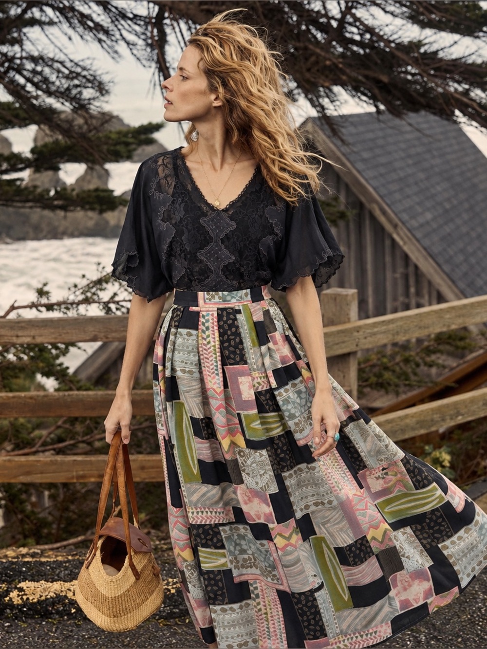 Vintage 90s Mallory Collection Abstract Patchwork Pleated Midi Skirt M-L